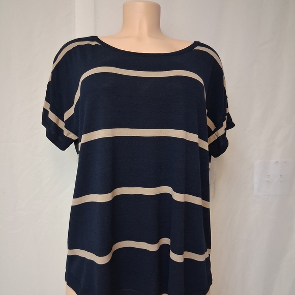 Talbots Tops - Talbots Navy Blue and Beige Striped Short Sleeve Top Wimen Size XL